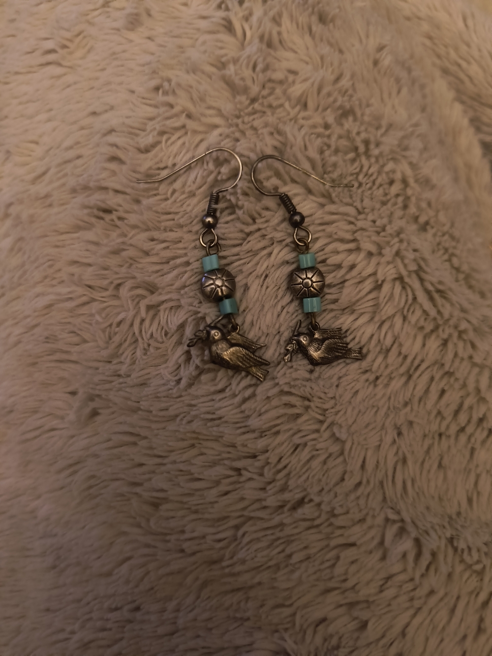 Bird Charm Dangle Earrings with Turquoise Beads